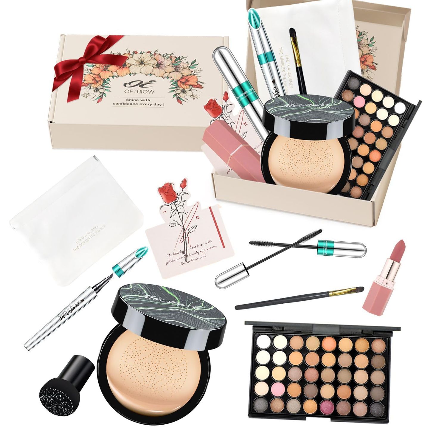 Makeup Sets 7PCS for Women Girls Makeup Bag Eyeshadow Palette Air Cushion Eyebrow Pencil Mascara Lipstick, Create Sophisticated Makeup for Your Wife &amp; Girlfriend Valentines Day Gifts for Her