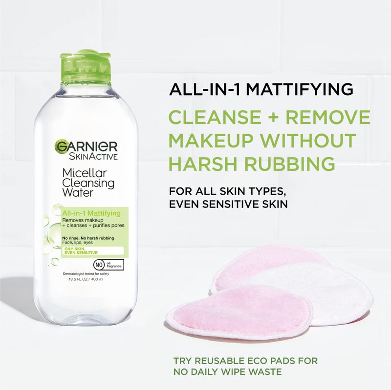Garnier Micellar Water for Oily Skin, Facial Cleanser &amp; Makeup Remover, Mattifying, For All Skin Types, Vegan, Cruelty Free, 13.5 Fl Oz (400mL), 1 Count