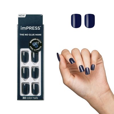 KISS imPRESS No Glue Mani Press On Nails, Color, &#39;Graytitude&#39;, Blue, Short Size, Squoval Shape, Includes 30 Nails, Prep Pad, Instructions Sheet, 1 Manicure Stick, 1 Mini File