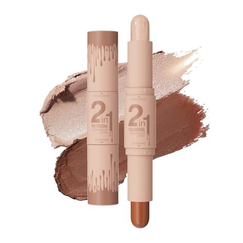 Cream Contour Stick, Dual-Ended Highlighter Stick, Face Contour Makeup, Highlighter Makeup, Long-Lasting &amp; Waterproof, Cream Bronzer &amp; Highlight Sticks Make Up Kit (Pearl White, Dark Brown)