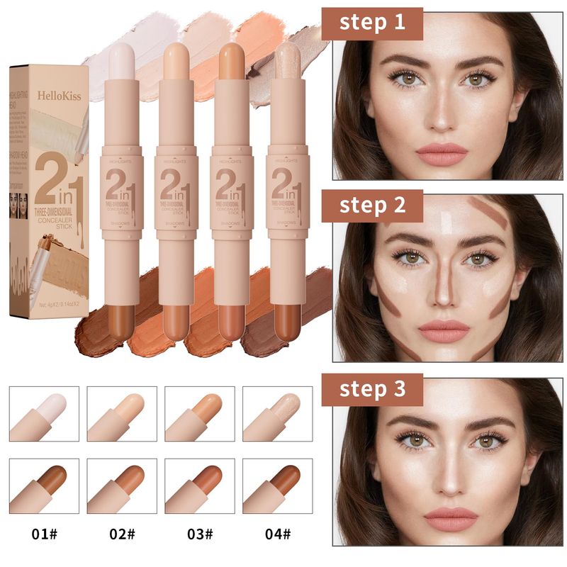 Cream Contour Stick, Dual-Ended Highlighter Stick, Face Contour Makeup, Highlighter Makeup, Long-Lasting &amp; Waterproof, Cream Bronzer &amp; Highlight Sticks Make Up Kit (Pearl White, Dark Brown)