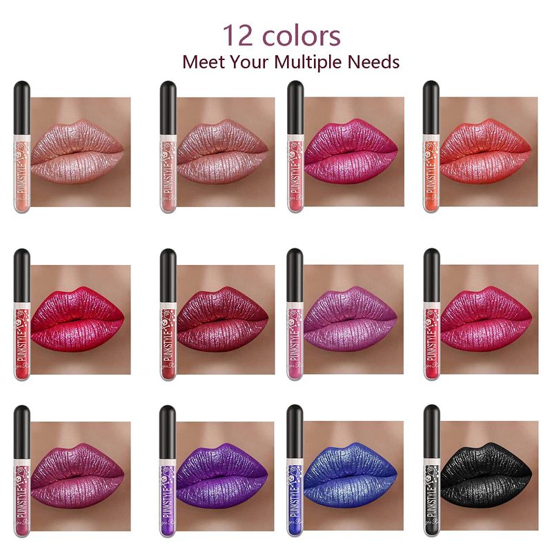 Gireatick 12 Colors Glitter Lip Gloss Set, 12Pcs Diamond Shimmer Metallic Liquid Lipstick Set, Long Lasting Waterproof Non-stick Cup Lip Gloss Glow Cosmetic Kit