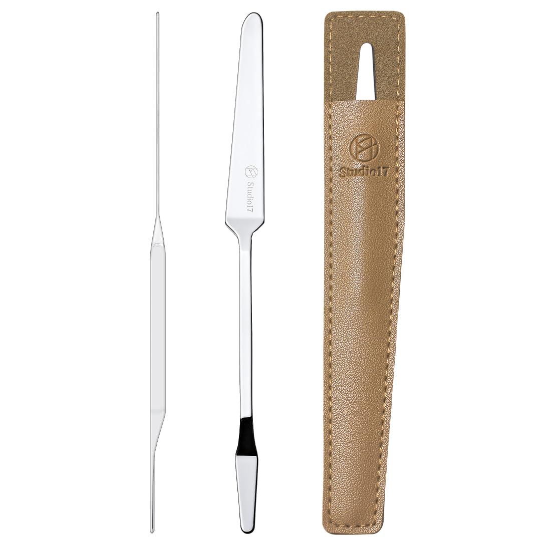 STUDIO17 Foundation Spatula Made of Stainless Steel | Professional Makeup Spatula for Even Application of Foundation | Double Edged Spatula for Small Area of Face | Pouch Included for Clean Storage