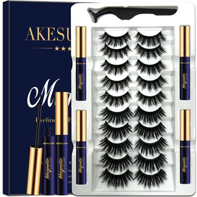 AkesuLash Magnetic Eyelashes - 10 Pairs 3D Full Volume Magnetic Lashes with Eyeliner Kit - Upgraded Long Lasting,Reusable- Easy to Apply(3D Layered Party |12-18MM)