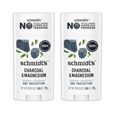 Schmidt&#39;s Aluminum-Free Vegan Deodorant Charcoal &amp; Magnesium with 48 Hour Odor Protection, 2 Count for Women and Men, Natural Ingredients, Cruelty-Free, 2.65 oz, Pack of 2