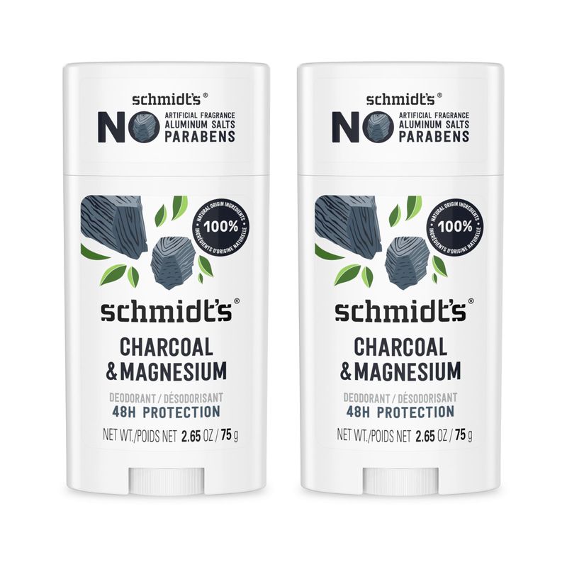 Schmidt's Aluminum-Free Vegan Deodorant Charcoal &amp; Magnesium with 48 Hour Odor Protection, 2 Count for Women and Men, Natural Ingredients, Cruelty-Free, 2.65 oz, Pack of 2