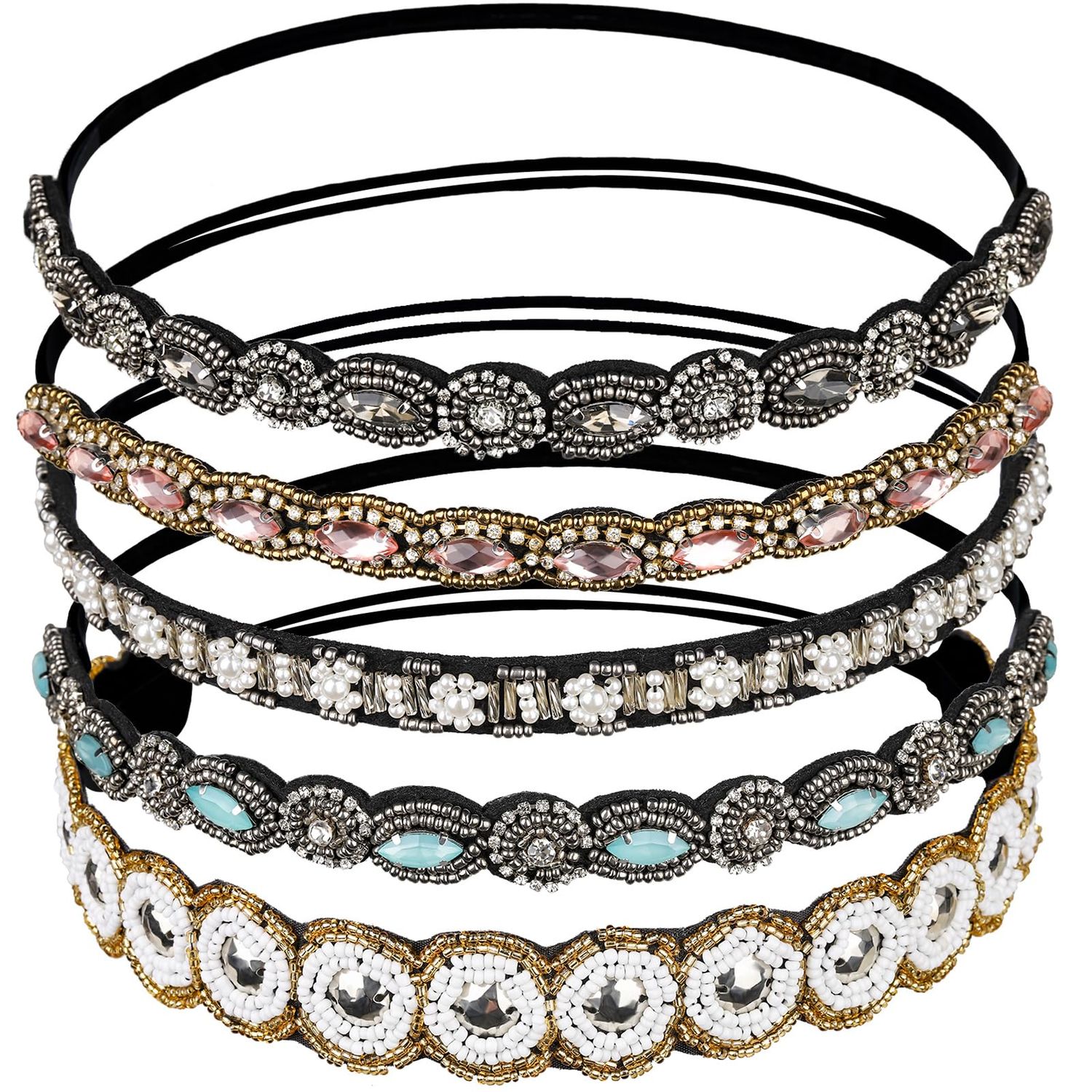 Teenitor 5pcs Hairbands for Women, 5 Rhinestone Beaded Headbands, Head Bands for Women&#39;s Hair Fashionable Handmade Crystal Beaded Elastic hairbands, 20-26.8&quot;(51-68cm), 1 Count (Pack of 5), HAIRBAND