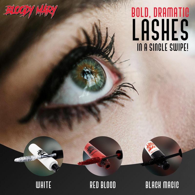 BLOODY MARY White Mascara for Eyelashes used in Halloween, Gojo Cosplay, Ice Princess Queen Costume MakeUp - High Pigment Mascara White - No Clumping, Waterproof, Lasts 24 Hours, Easy to ApplyRemove