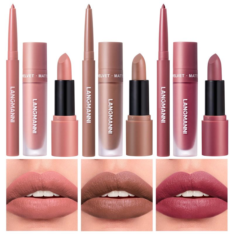 LANGMANNI 3 in 1 Matte Velvet Lipstick Set-Lip Liner,Lip Gloss and Lipstick Combo,Perfect for Natural Lip Contour,Waterproof And Longlasting Effect Lip Makeup,Unique Festival Gift (#010305)