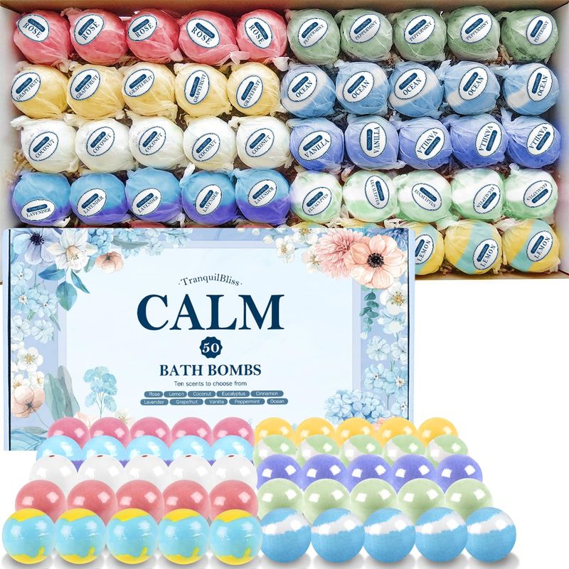 TranquilBliss Bath Bombs Set with 10 Rich Scents, 50 PCS Bath Bombs for Women, Natural Bubble Bath Bombs with Shea Butter &amp; Safe Oil, Ideal for Christmas, Birthday, Valentine's Day Present Giving