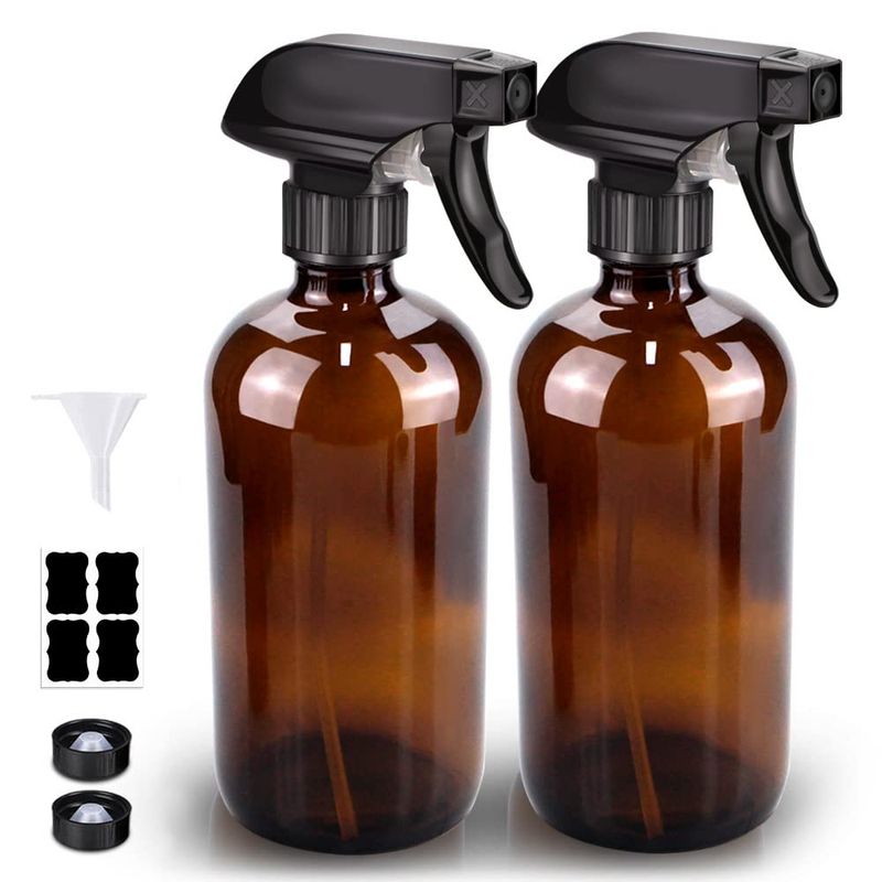 Bontip Glass Spray Bottle, Amber Glass Spray Bottle Set &amp; Accessories for Non-toxic Window Cleaners Aromatherapy Facial Hydration Watering Flowers Hair Care (2 Pack16 oz) (Amber)