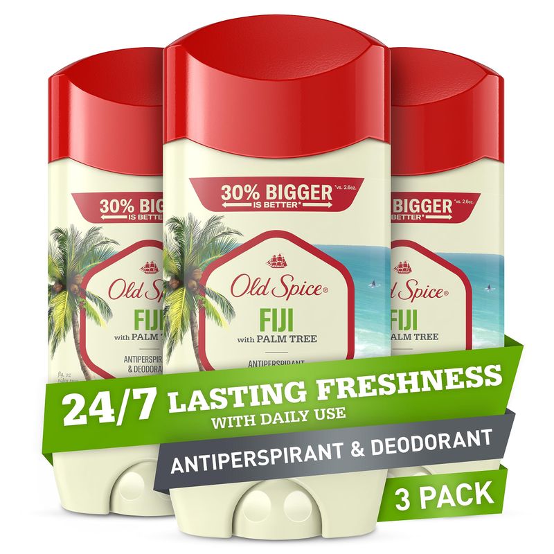 Old Spice Men's Antiperspirant &amp; Deodorant, 247 Lasting Freshness, Advanced Sweat &amp; Odor Protection with Skin Conditioners, Invisible Solid, Fiji with Palm Tree Scent, 3.4 oz (Pack of 3)