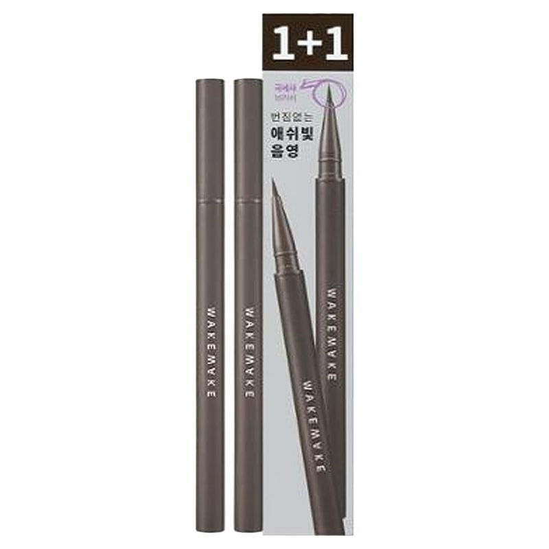 WAKEMAKE Real Ash Brush Eyeliner, Korean Makeup Liquid Eyeliner, Smudge-proof, Ultra-Fine Tip, Long Lasting Waterproof Liquid Eyeliner 0.04 OZ (Pack of 2) (02 ASH BROWN)