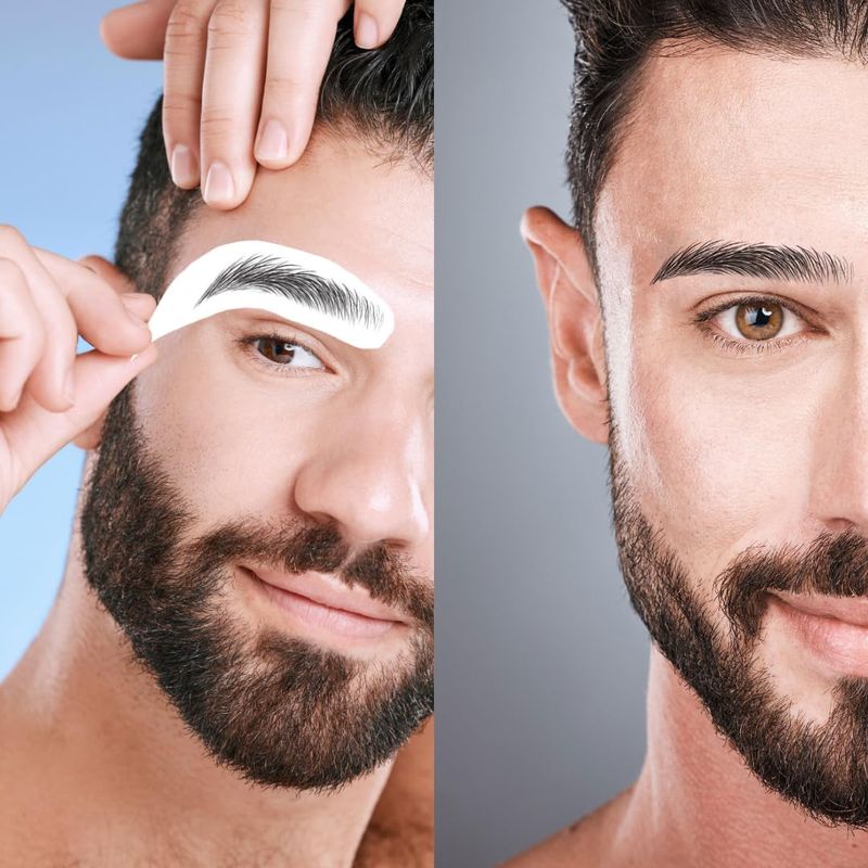 Bliss and Beyond USA | Men Waterproof Eyebrow Tattoo Stickers. A real hair stroke look. Hair replacement without surgery. Solution for hair loss. Bushy Tinted eyebrow tattoos. (MEN) (Standard, Black)