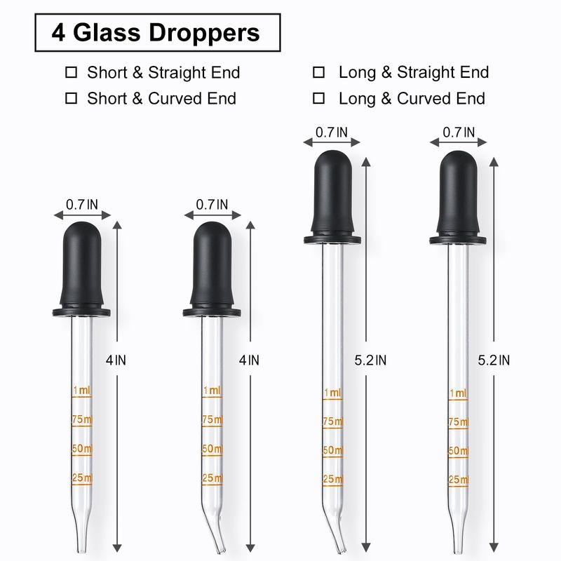4 Pack, 1 mL Glass Eye Dropper with Measurement - Long &amp; Short, Bent &amp; Straight Tip Calibrated Glass Medicine Droppers, Accurate Dose Pipette Dropper for Essential Oils, Feeding, Ear, Lab, Health Care
