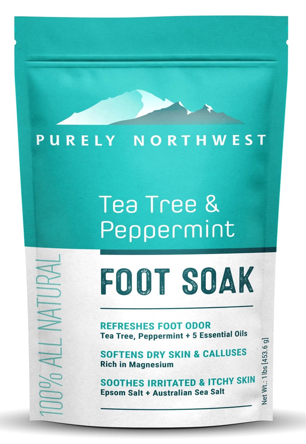 PURELY NORTHWEST-Tea Tree Oil &amp; Peppermint Foot Soak with Epsom Salt-for Stubborn Foot Odor, Athletes Foot Burning &amp; Itching, Damaged Discolored Nails-A Natural Callus Remover 16 Ounces