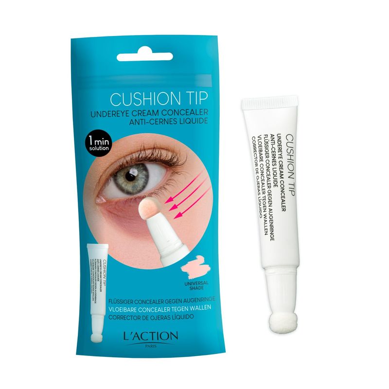 L&#39;Action Paris Cushion Tip Undereye Cream Concealer, Covers Under Eye Circles, Soft and Gentle Applicator with Practical Cushion Tip, Universal Shade 8g