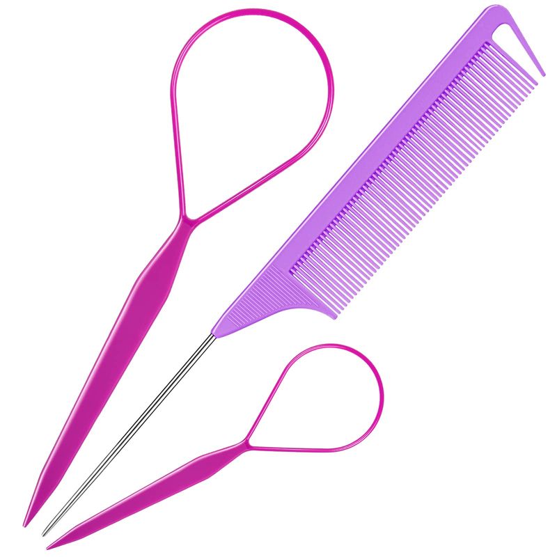 TsMADDTs Hair Braiding Tool Set - 3Pack with French Braid Tool, Rat Tail Comb, and Metal Pin Comb for Hairstyling, Purple
