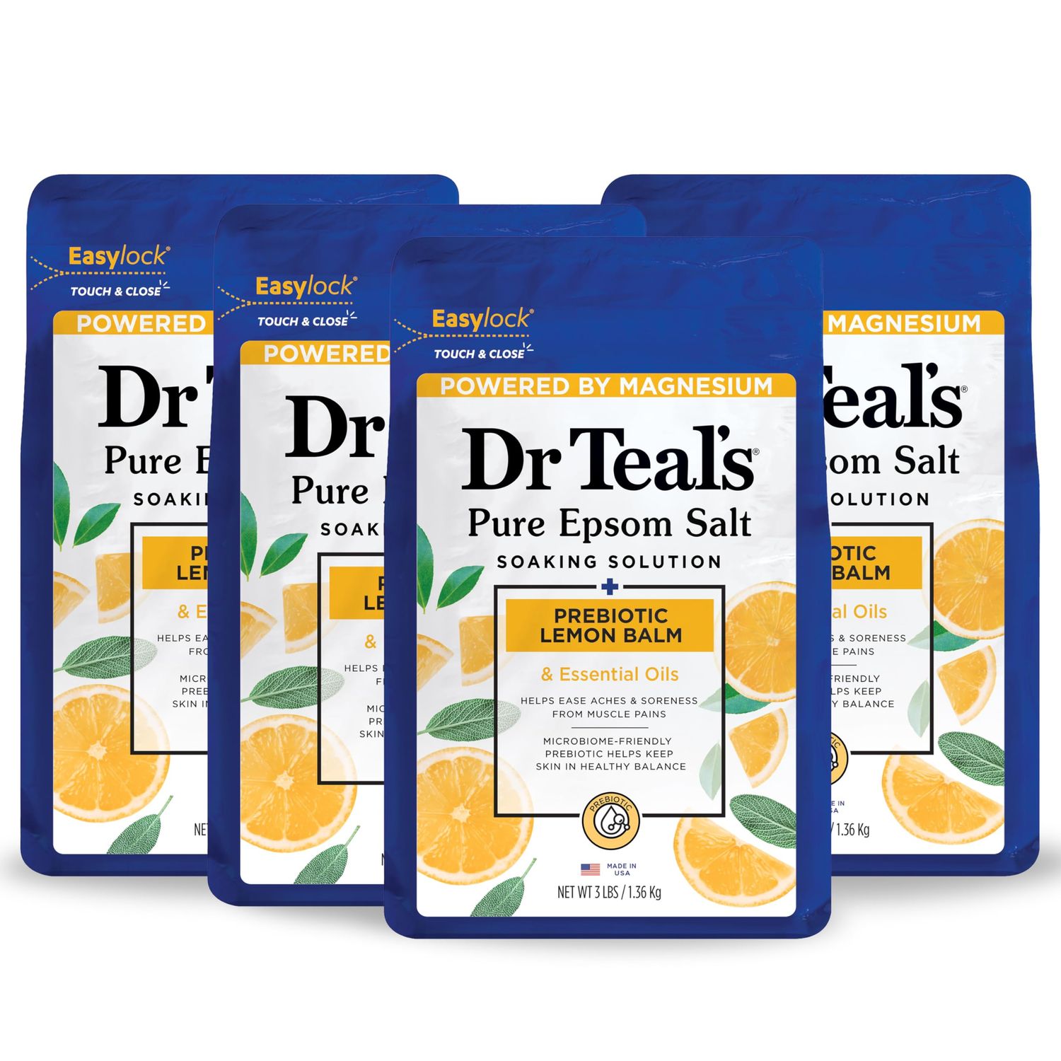 Dr Teal&#39;s Pure Epsom Magnesium Salt Soak, Prebiotic Lemon Balm &amp; Essential Oil, 3 lbs (Pack of 4)
