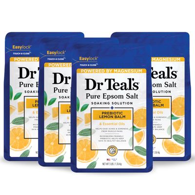 Dr Teal&#39;s Pure Epsom Magnesium Salt Soak, Prebiotic Lemon Balm &amp; Essential Oil, 3 lbs (Pack of 4)