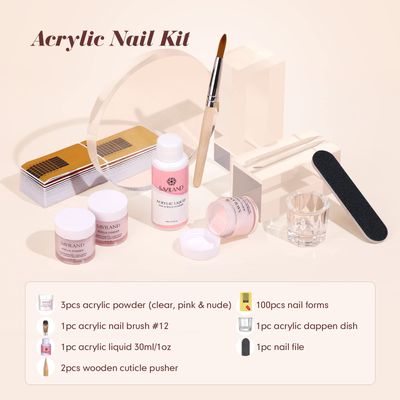 Saviland Acrylic Nail Kit Starter Clear Pink Nude Acrylic Nail Kit Acrylic Powder & Monomer Acrylic Nail Liquid Acrylic Nail Brush Nail Files Forms Press On Nails Kits Acrylic Set Home Practice