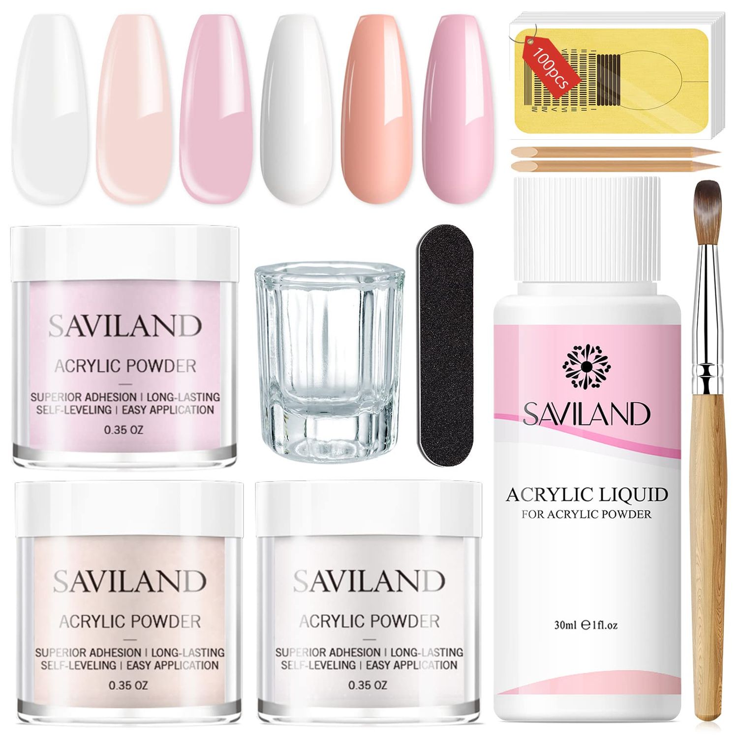 Saviland Acrylic Nail Kit Starter Clear Pink Nude Acrylic Nail Kit Acrylic Powder &amp; Monomer Acrylic Nail Liquid Acrylic Nail Brush Nail Files Forms Press On Nails Kits Acrylic Set Home Practice