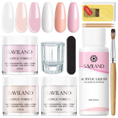 Saviland Acrylic Nail Kit Starter Clear Pink Nude Acrylic Nail Kit Acrylic Powder &amp; Monomer Acrylic Nail Liquid Acrylic Nail Brush Nail Files Forms Press On Nails Kits Acrylic Set Home Practice