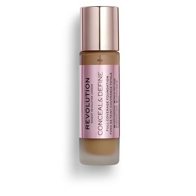 Makeup Revolution Conceal and Define Foundation, Full Coverage &amp; Matte Finish, F14 for Dark Skin Tones, Vegan &amp; Cruelty-Free, 0.7 Fl Oz
