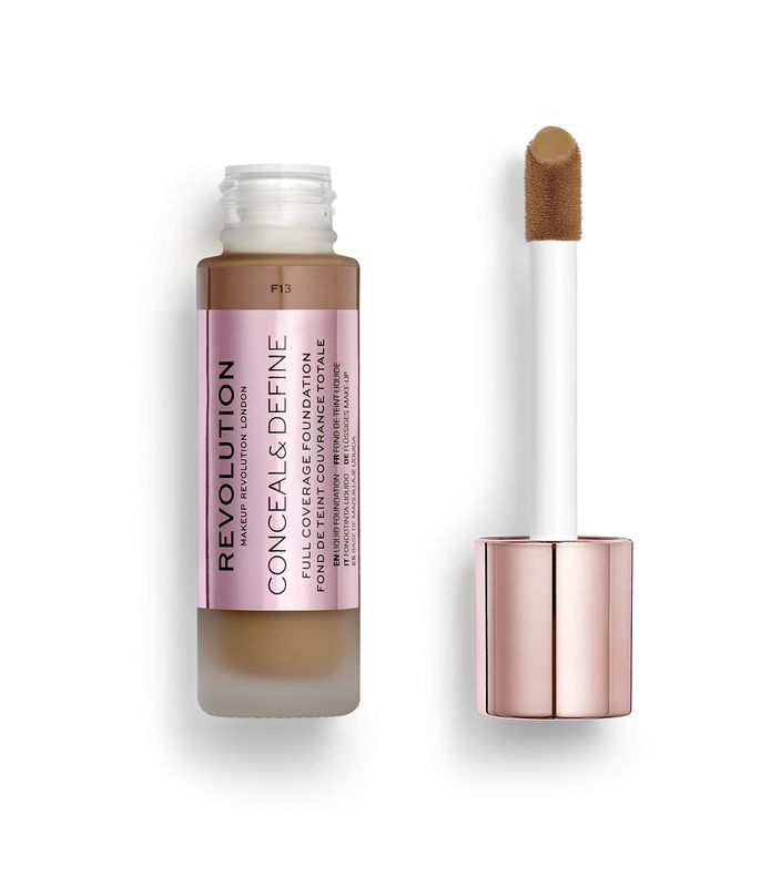 Makeup Revolution Conceal and Define Foundation, Full Coverage &amp; Matte Finish, F14 for Dark Skin Tones, Vegan &amp; Cruelty-Free, 0.7 Fl Oz