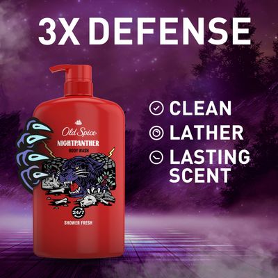 Old Spice Wild Body Wash for Men, 247 Shower Fresh, 3X Defense, Long Lasting Lather, NightPanther Scent, 33.4 oz