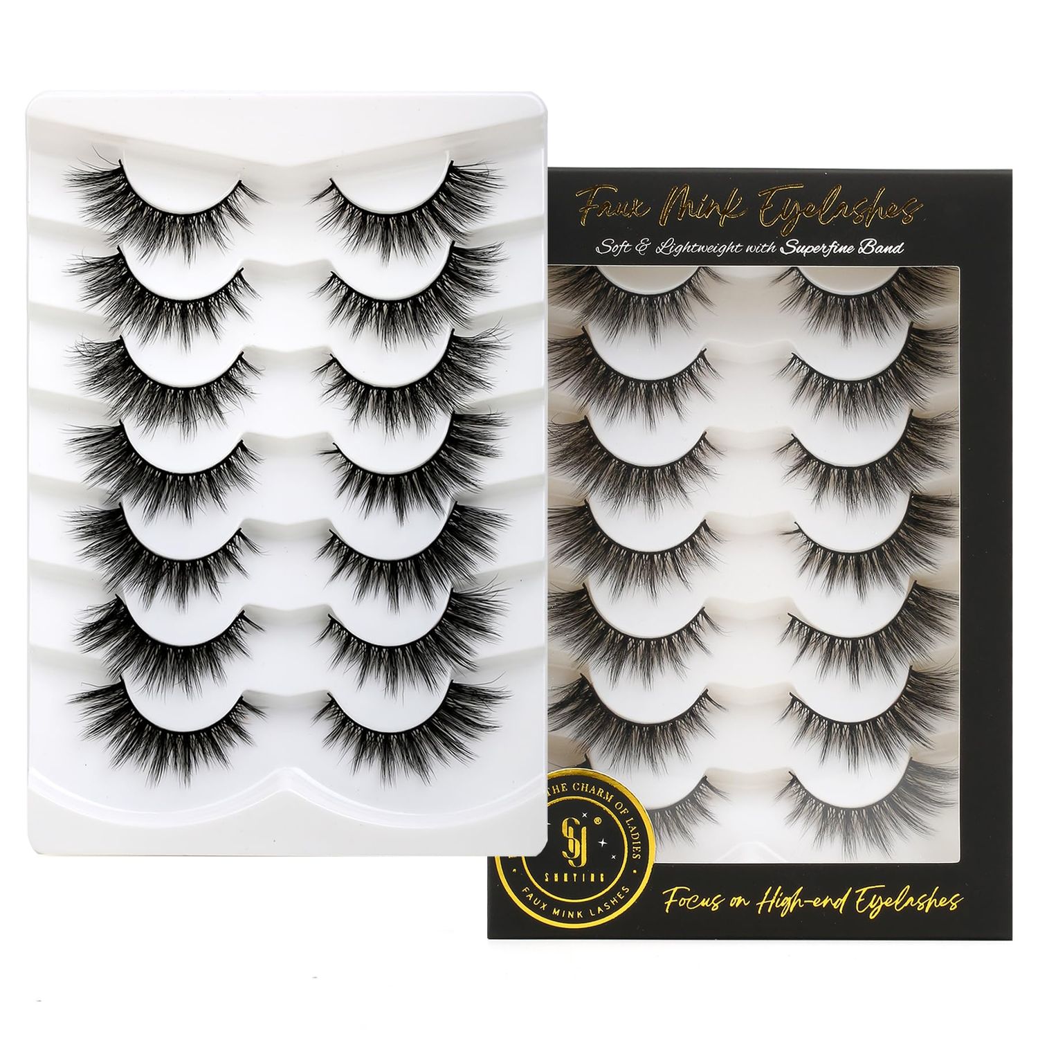 SHUYING False Eyelashes 15mm Faux Mink Lashes with Superfine Band Natural Look Fluffy Cat Eye Strip Lashes Soft Wispy Luxury Volume Fake Eyelash 7 Pairs Pack