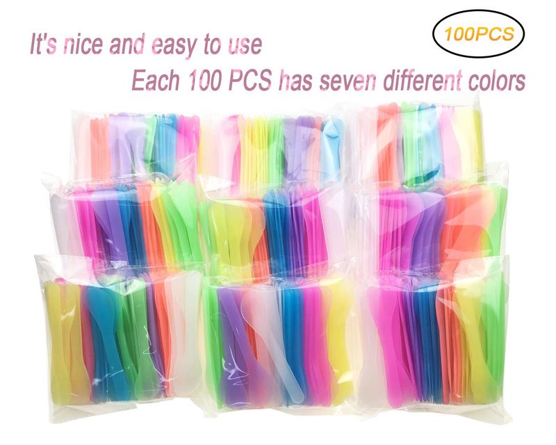 QsQueen 100 PCS Cosmetic Spatula for Makeup Face Mask Plastic Spoon Disposable Makeup Tools for Mixing and Sampling 4.88'' x 1.06" Random Color