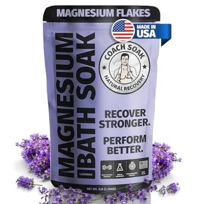 Coach Soak Magnesium Flakes Bath Soak - Absorbs Faster Than Epsom Salt Bath Soak for Pain - Recovery Bath Salts with Dead Sea Salt, 21 Minerals and Essential Oils (Calming Lavender)