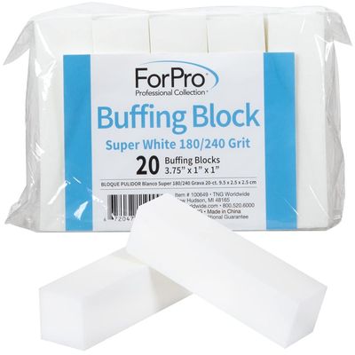 ForPro Professional Collection Buffing Block, Super White, 180240 Grit, Four-Sided Manicure and Pedicure Nail Buffer, 3.75&quot; L x 1&quot; W x 1&quot; H, 20-Count