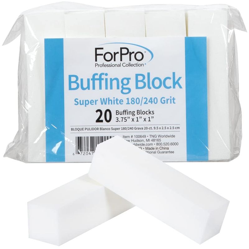 ForPro Professional Collection Buffing Block, Super White, 180240 Grit, Four-Sided Manicure and Pedicure Nail Buffer, 3.75" L x 1" W x 1" H, 20-Count
