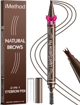 iMethod Microblading Eyebrow Pen - Eyebrow Pencil 2-in-1 Dual-Ended Eye Brow Pencils for Women with 3-Fork-Tip and Spoolie Brush Create Natural Hair-Like Defined Brows, Last All-Day, Dark Brown