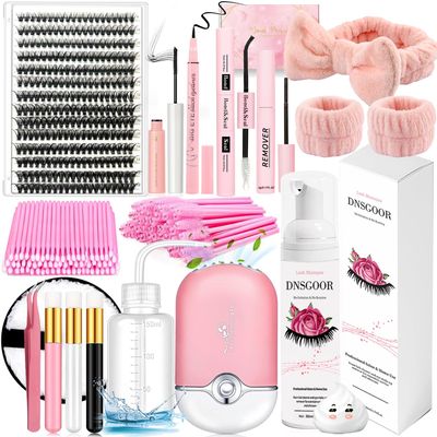 DIY Lash Extension Kit with 280 PCS 9-16mm 40D Lashes Clusters 200ml6.7fl.oz Lash Cleanser Eyelash Shampoo Mini USB Portable Lash Fan Bond and Seal Remover Eyeliner Eyelid Cleaning Brush
