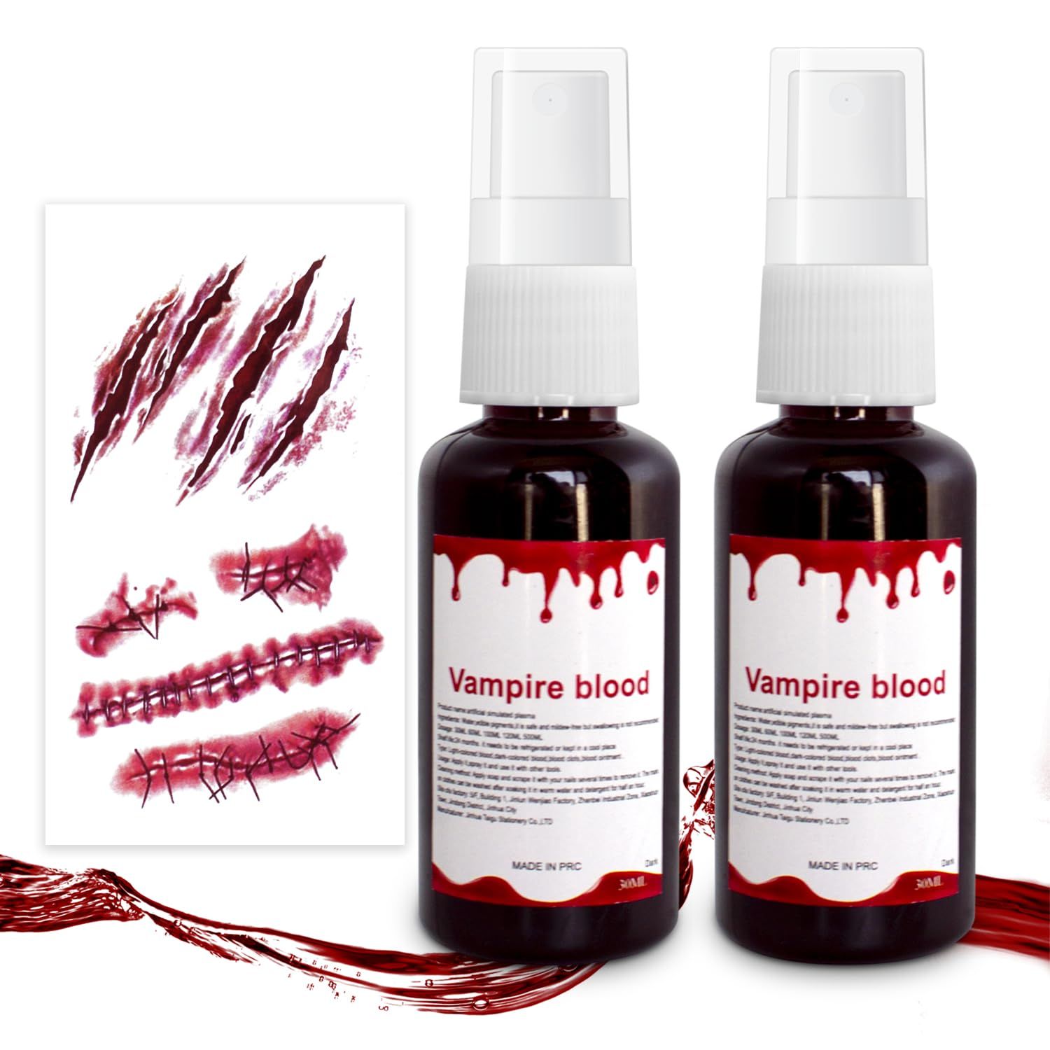 2pcs Halloween Fake Blood Makeup Kit 1oz, Halloween Dripping Blood Spray Makeup with Scar Stickers, Realistic Safe Washable Liquid Blood, SFX Cut Wound Makeup for Vampire Zombie Monster