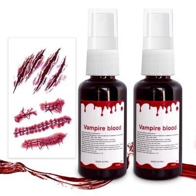 2pcs Halloween Fake Blood Makeup Kit 1oz, Halloween Dripping Blood Spray Makeup with Scar Stickers, Realistic Safe Washable Liquid Blood, SFX Cut Wound Makeup for Vampire Zombie Monster