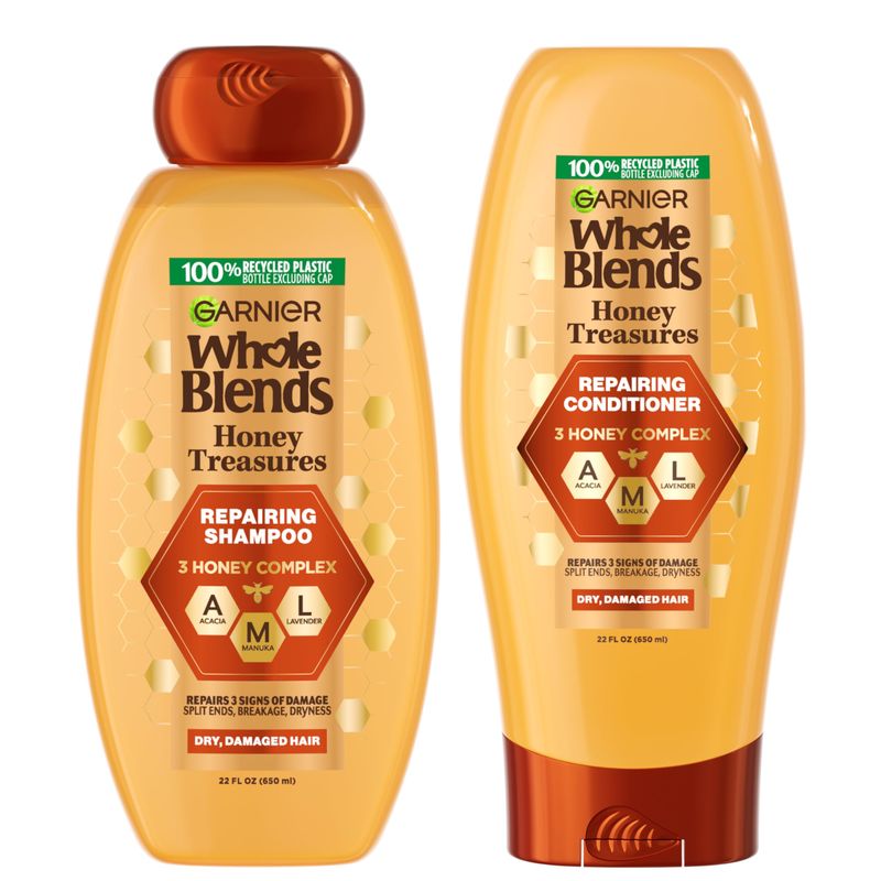 Garnier Whole Blends Honey Treasures Repairing Shampoo and Conditioner Set for Dry, Damaged Hair, 22 Fl Oz (2 Items), 1 Kit (Packaging May Vary)