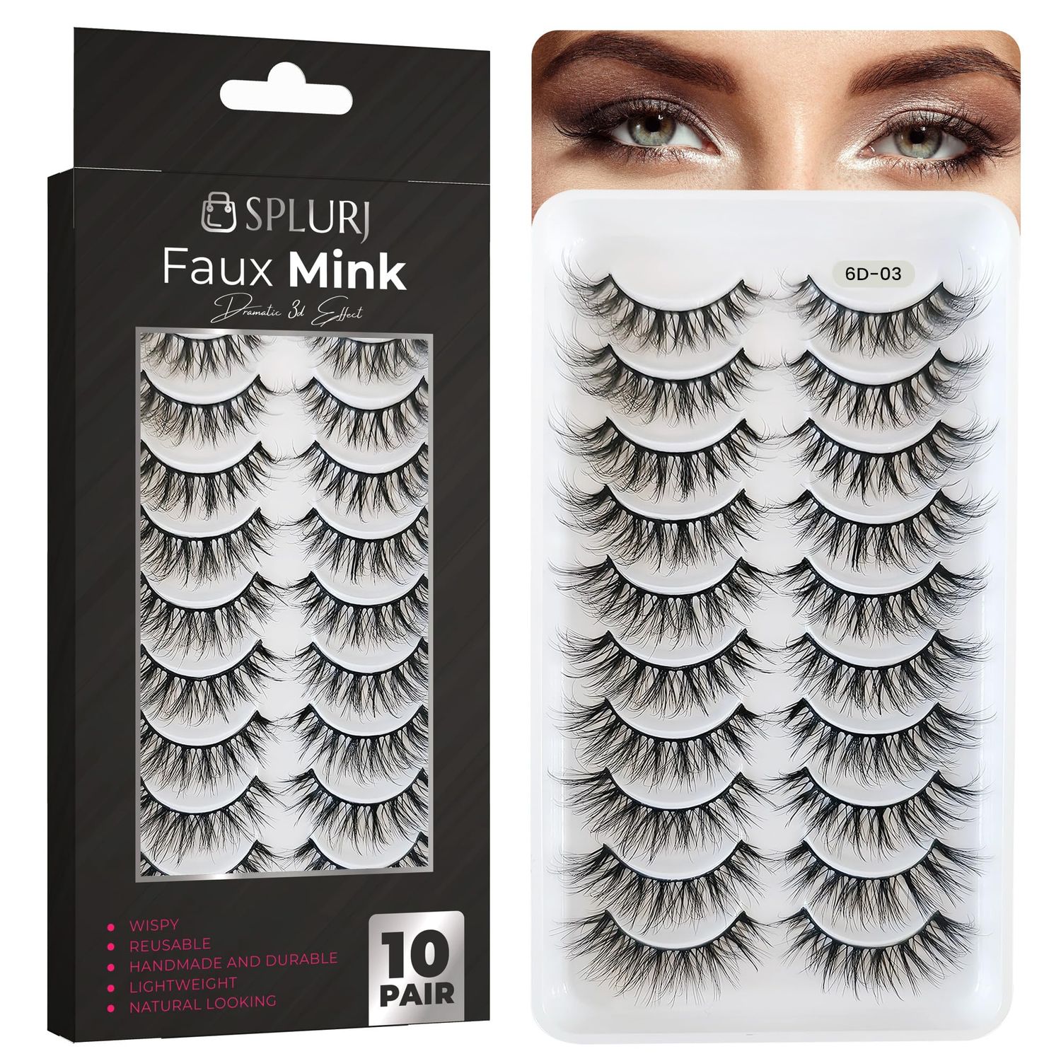 False Eyelashes - 10-Pack Mink Lashes - Wispy Lashes - Natural Looking Dramatic 3D Effect Fake Lashes - Fake Eyelashes Kit - Lightweight False Lashes - Faux Cat Eye Lashes - Lash Strips - By SPLURJ
