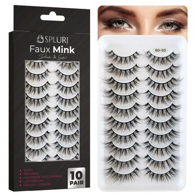 False Eyelashes - 10-Pack Mink Lashes - Wispy Lashes - Natural Looking Dramatic 3D Effect Fake Lashes - Fake Eyelashes Kit - Lightweight False Lashes - Faux Cat Eye Lashes - Lash Strips - By SPLURJ