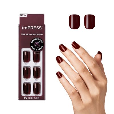 KISS imPRESS No Glue Mani Press On Nails, Color, &#39;I&#39;m Not a Cinna&#39;, Red, Short Size, Squoval Shape, Includes 30 Nails, Prep Pad, Instructions Sheet, 1 Manicure Stick, 1 Mini File