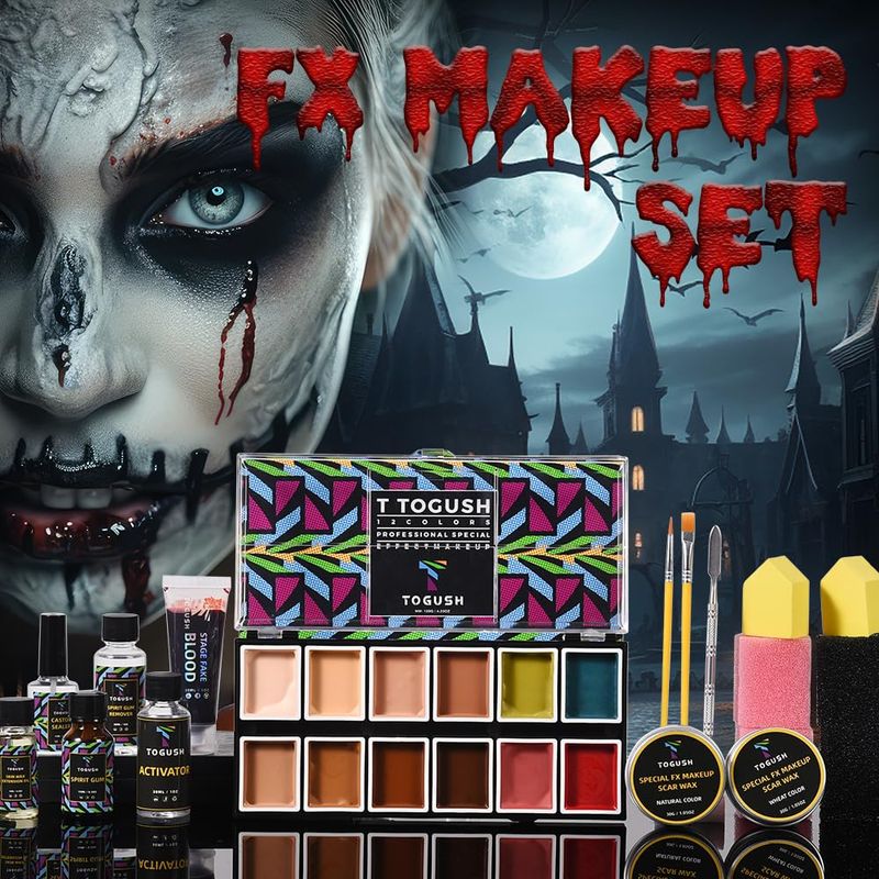 T TOGUSH Halloween Makeup Special Effects SFX Makeup Kit 12 Colors Makeup Palette Face Body Painting with Fake Blood,Scar Wax,Spirit Gum,Castor Sealerm,Extension Oil,for Clown makeup,Zombie makeup