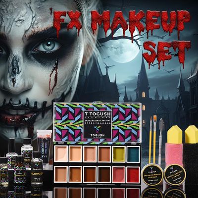 T TOGUSH Halloween Makeup Special Effects SFX Makeup Kit 12 Colors Makeup Palette Face Body Painting with Fake Blood,Scar Wax,Spirit Gum,Castor Sealerm,Extension Oil,for Clown makeup,Zombie makeup