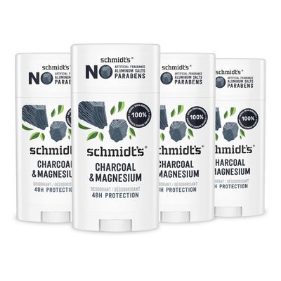 Schmidt&#39;s Aluminum-Free Vegan Deodorant Charcoal &amp; Magnesium with 24 Hour Odor Protection, 4 Count for Women and Men, Natural Ingredients, Cruelty-Free, 2.65 oz