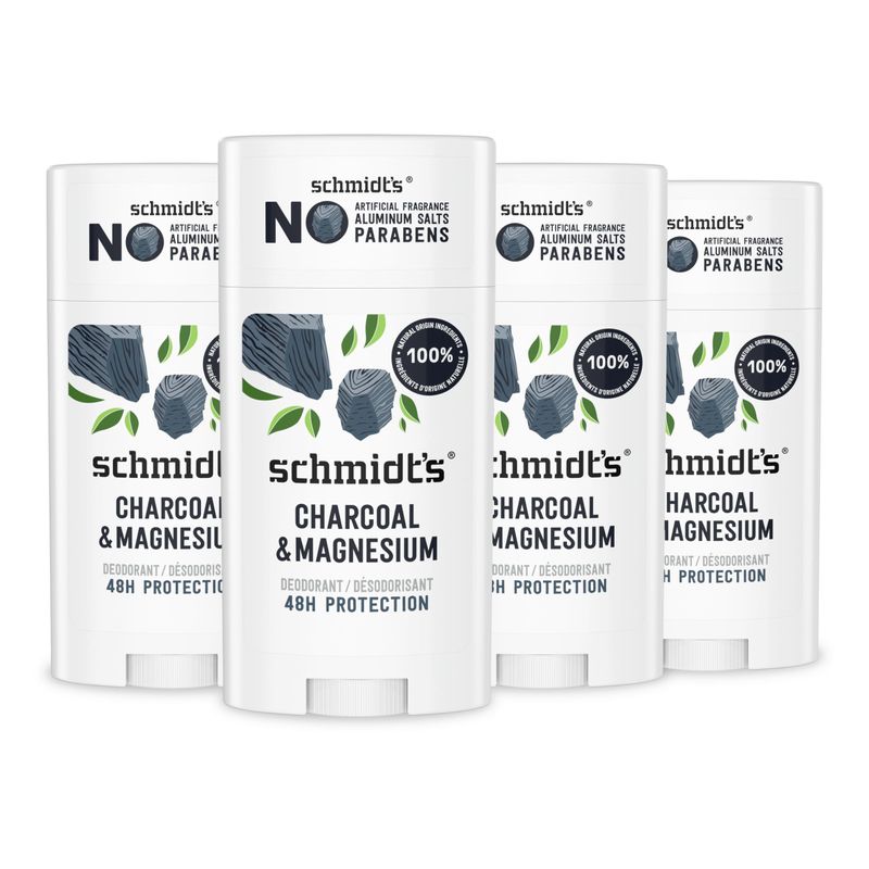 Schmidt's Aluminum-Free Vegan Deodorant Charcoal &amp; Magnesium with 24 Hour Odor Protection, 4 Count for Women and Men, Natural Ingredients, Cruelty-Free, 2.65 oz