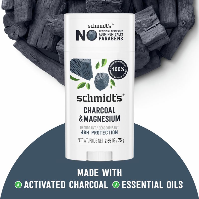 Schmidt's Aluminum-Free Vegan Deodorant Charcoal &amp; Magnesium with 24 Hour Odor Protection, 4 Count for Women and Men, Natural Ingredients, Cruelty-Free, 2.65 oz
