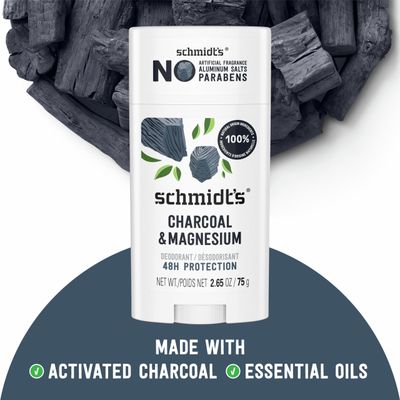 Schmidt's Aluminum-Free Vegan Deodorant Charcoal &amp; Magnesium with 24 Hour Odor Protection, 4 Count for Women and Men, Natural Ingredients, Cruelty-Free, 2.65 oz