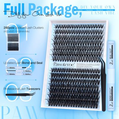 Pawotence Lash Clusters Kit 40D 60D Lash Extension Kit 10-18mm Cluster Eyelash Extension Kit Individual Lashes 280pcs Eyelash Clusters with Lash Bond and Seal, Lash Tweezers for Self Use